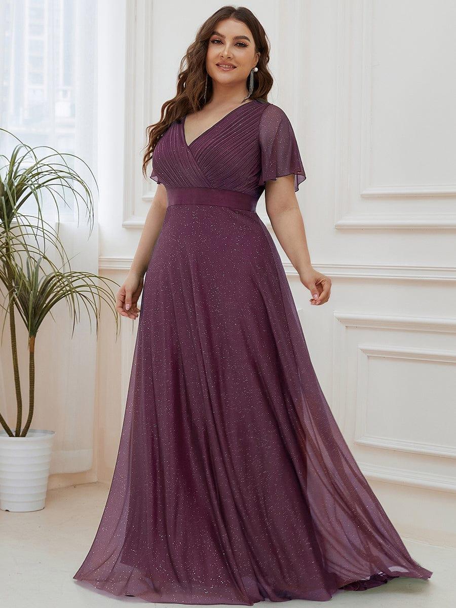 pretty LIORÉ|Plus Size Long Shimmery Pleated V-Neck Evening Dress with Flutter Sleeve - Image 28