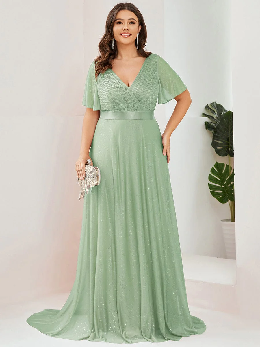pretty LIORÉ|Plus Size Long Shimmery Pleated V-Neck Evening Dress with Flutter Sleeve - Image 35