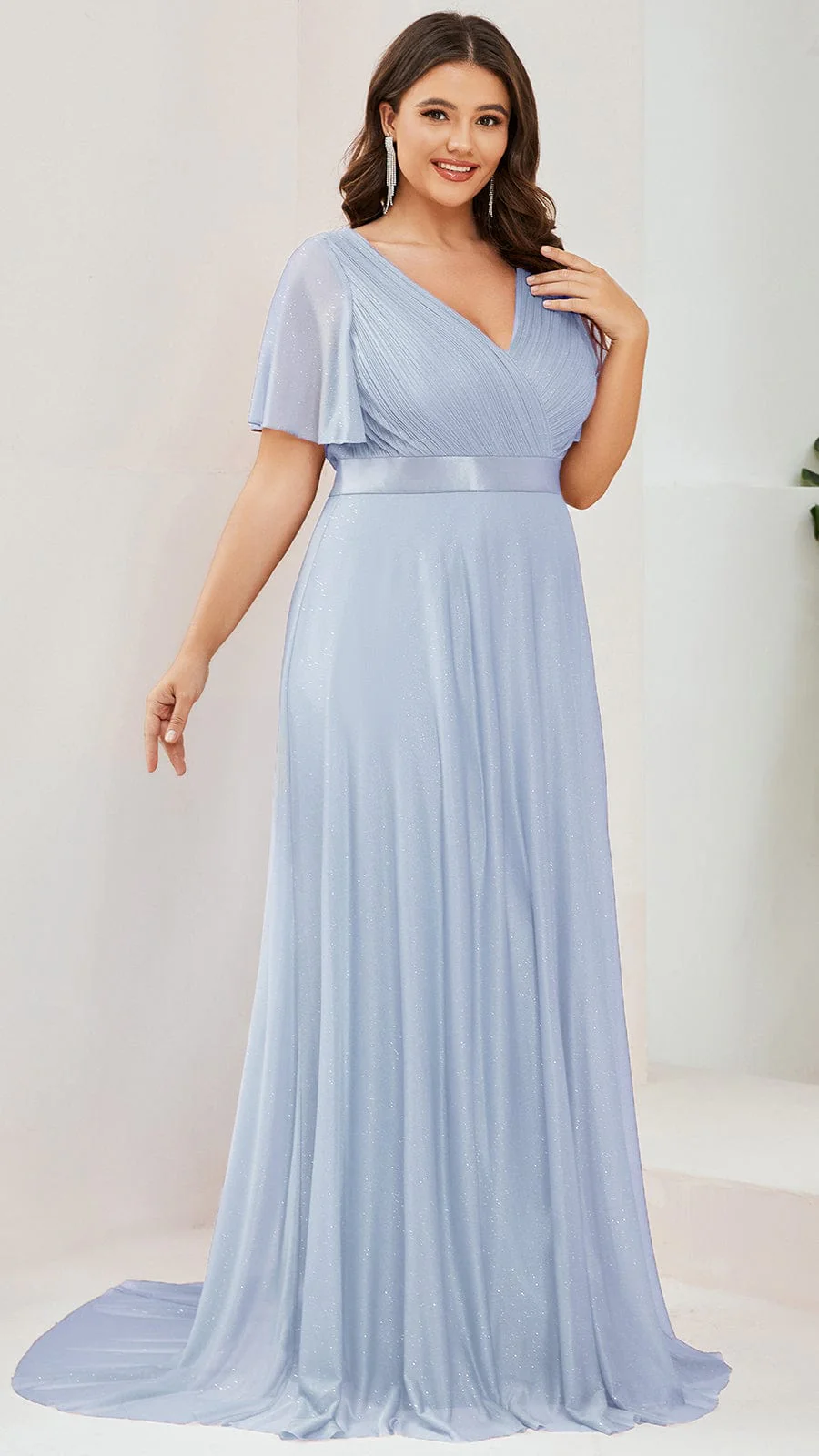 ever LIORÉ|Long Shimmery Flutter Sleeve Pleated V-Neck Evening Dress - Image 100