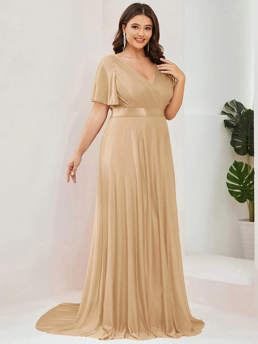 pretty LIORÉ|Plus Size Long Shimmery Pleated V-Neck Evening Dress with Flutter Sleeve - Image 62