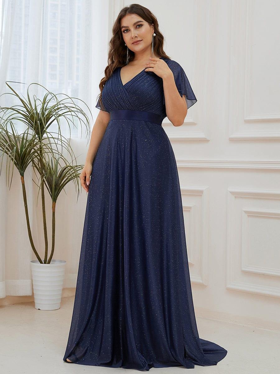 pretty LIORÉ|Plus Size Long Shimmery Pleated V-Neck Evening Dress with Flutter Sleeve - Image 9
