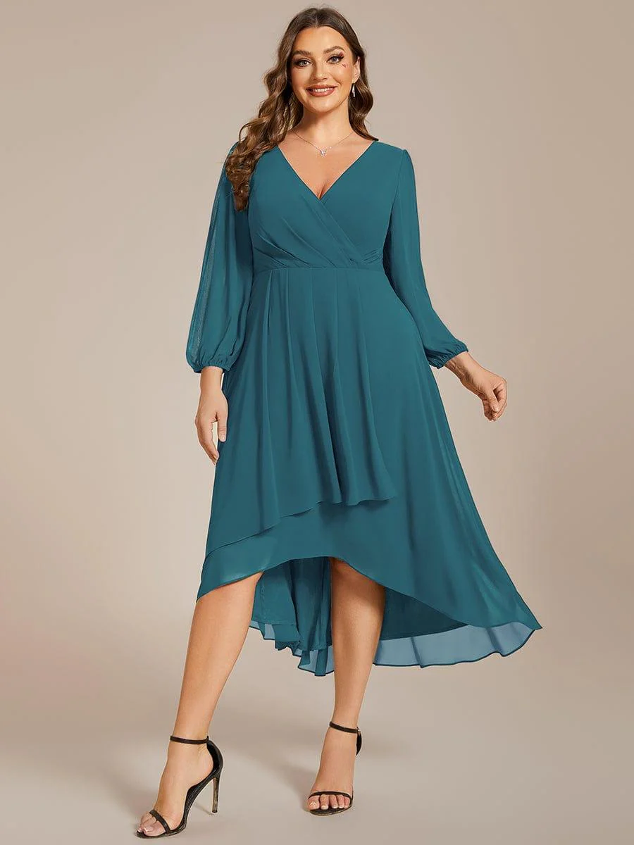 pretty BRIAR|Plus Size 3/4 Sleeve V-Neck Chiffon High Low Wedding Guest Dress - Image 15