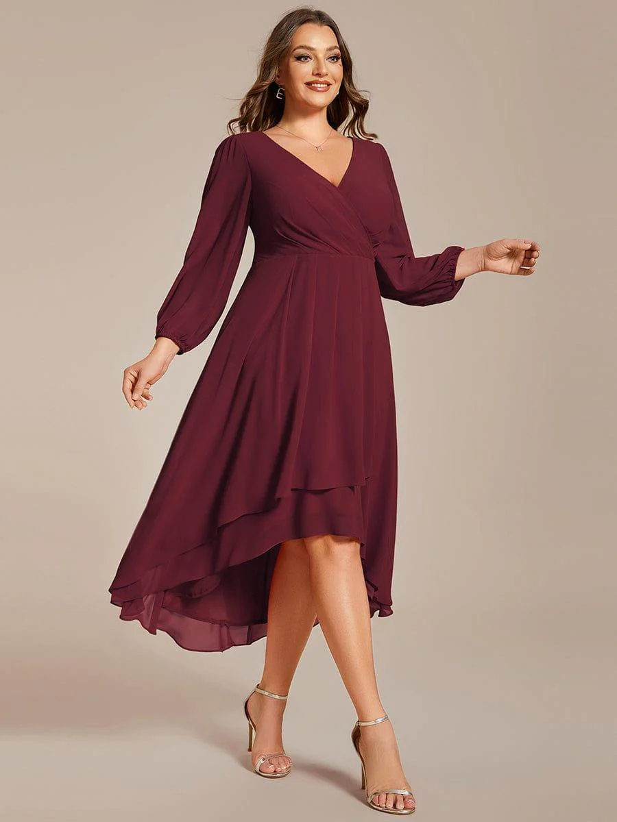 pretty BRIAR|Plus Size 3/4 Sleeve V-Neck Chiffon High Low Wedding Guest Dress - Image 21