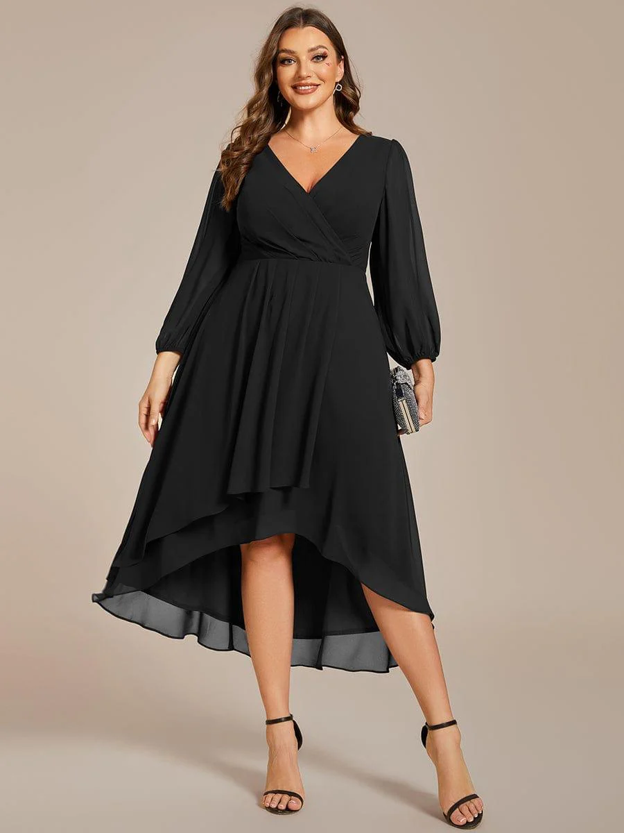 pretty BRIAR|Plus Size 3/4 Sleeve V-Neck Chiffon High Low Wedding Guest Dress - Image 36