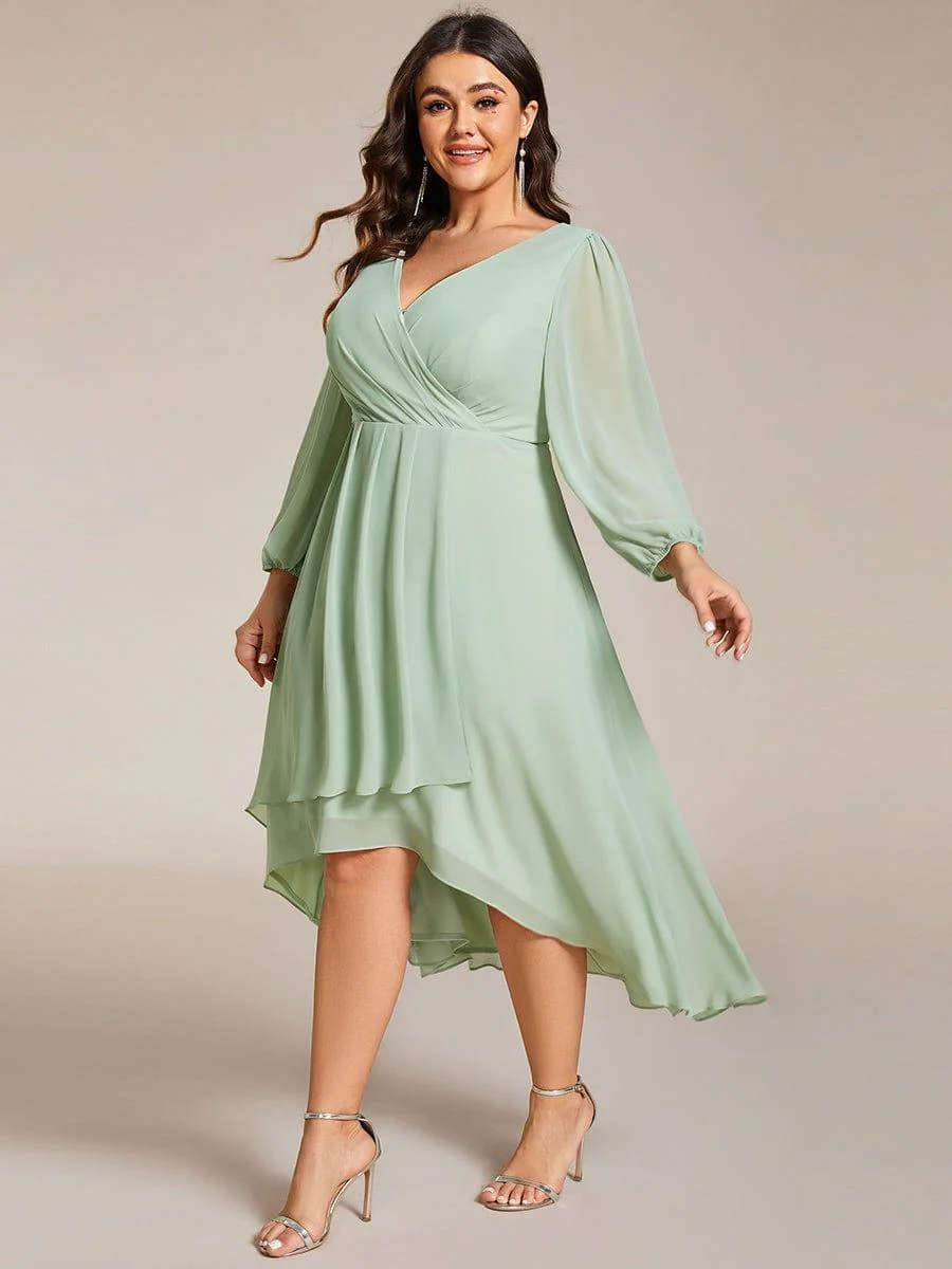 pretty BRIAR|Plus Size 3/4 Sleeve V-Neck Chiffon High Low Wedding Guest Dress - Image 54