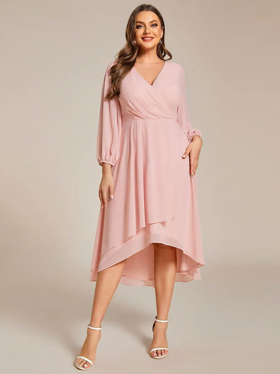 pretty BRIAR|Plus Size 3/4 Sleeve V-Neck Chiffon High Low Wedding Guest Dress - Image 56