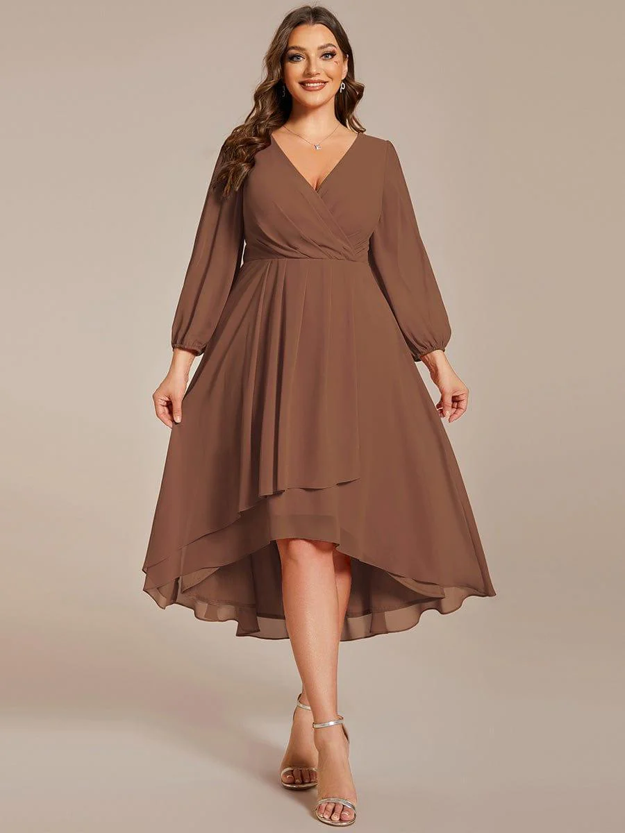 pretty BRIAR|Plus Size 3/4 Sleeve V-Neck Chiffon High Low Wedding Guest Dress - Image 79