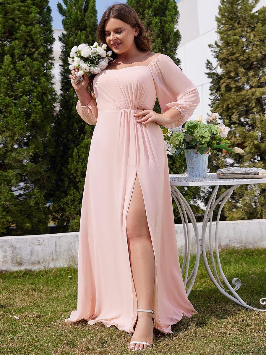 pretty DANICA|Plus Size Long-Sleeved Chiffon Off Shoulder Bridesmaid Dresses with High Slit - Image 4