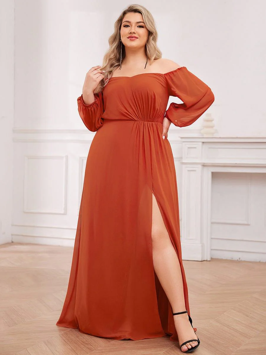pretty DANICA|Plus Size Long-Sleeved Chiffon Off Shoulder Bridesmaid Dresses with High Slit - Image 6