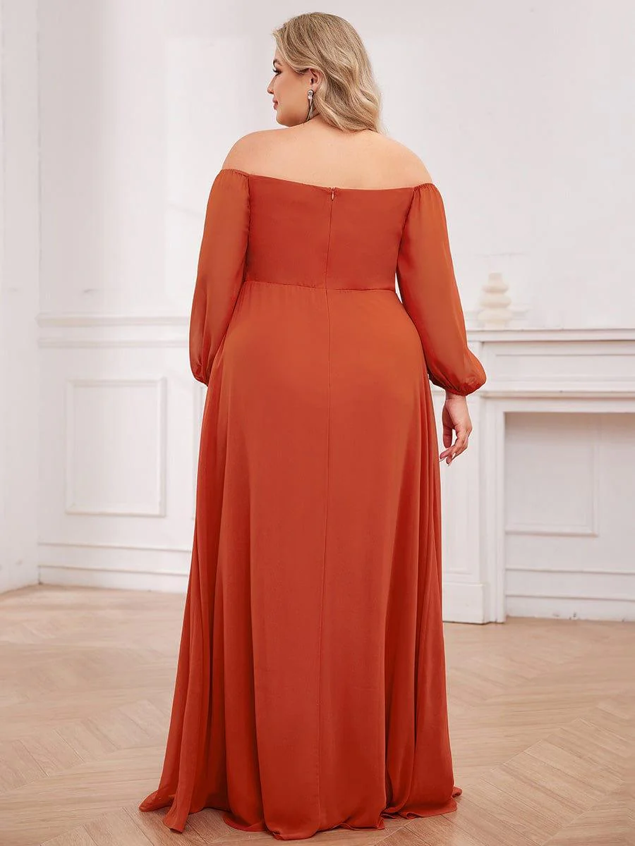 pretty DANICA|Plus Size Long-Sleeved Chiffon Off Shoulder Bridesmaid Dresses with High Slit - Image 7