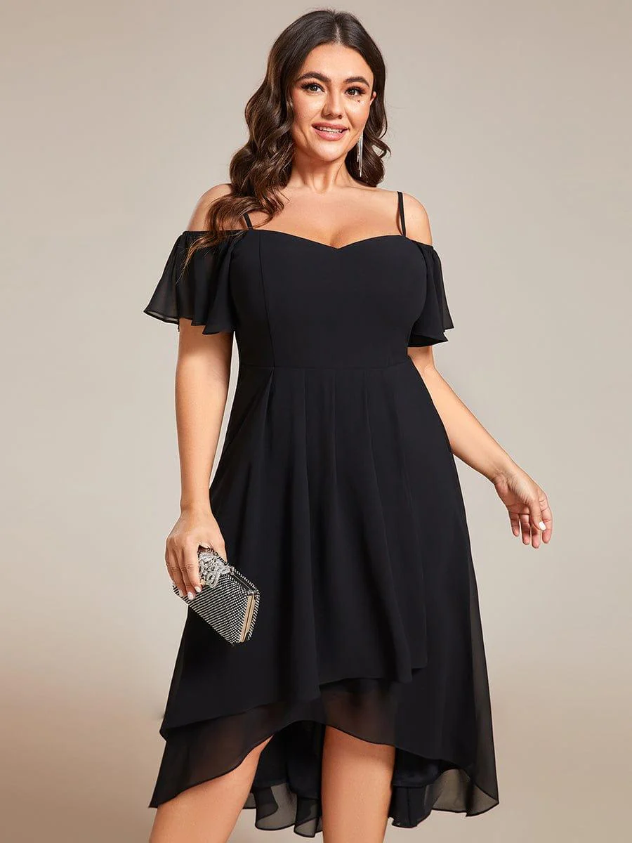 pretty JORDANE|Plus Size Off-Shoulder High-Low Chiffon Wedding Guest Dresses with Short Sleeves - Image 14