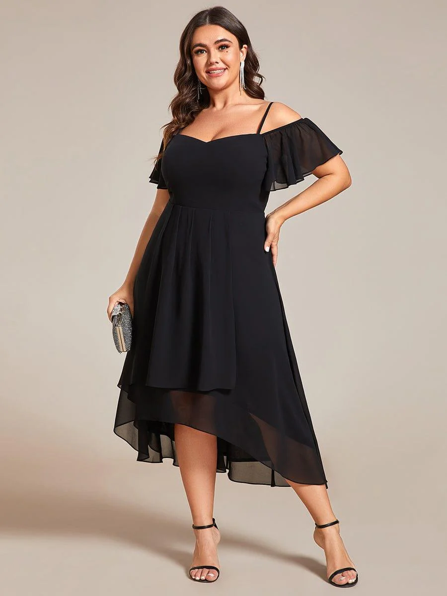 pretty JORDANE|Plus Size Off-Shoulder High-Low Chiffon Wedding Guest Dresses with Short Sleeves - Image 15