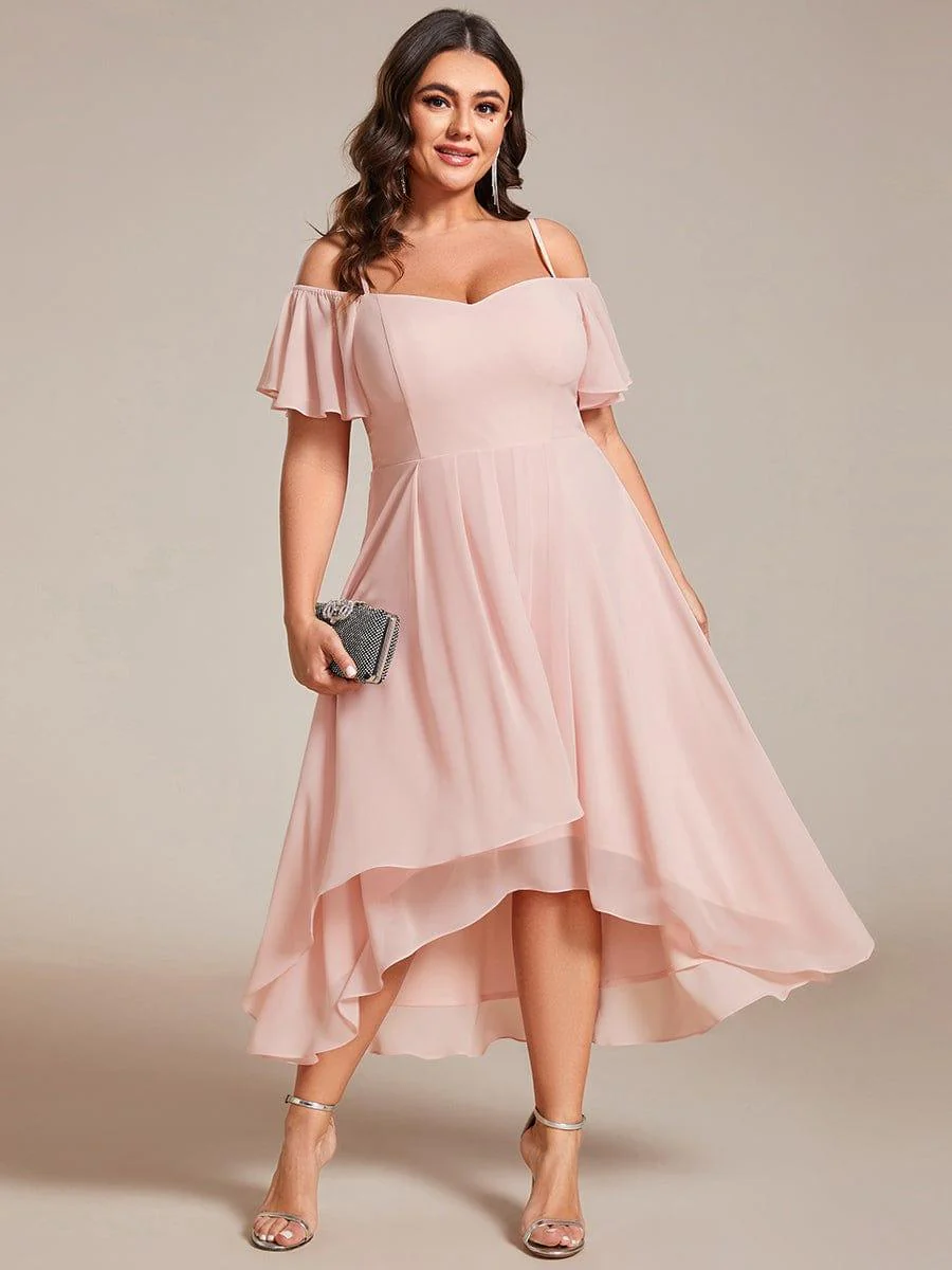 pretty JORDANE|Plus Size Off-Shoulder High-Low Chiffon Wedding Guest Dresses with Short Sleeves - Image 3