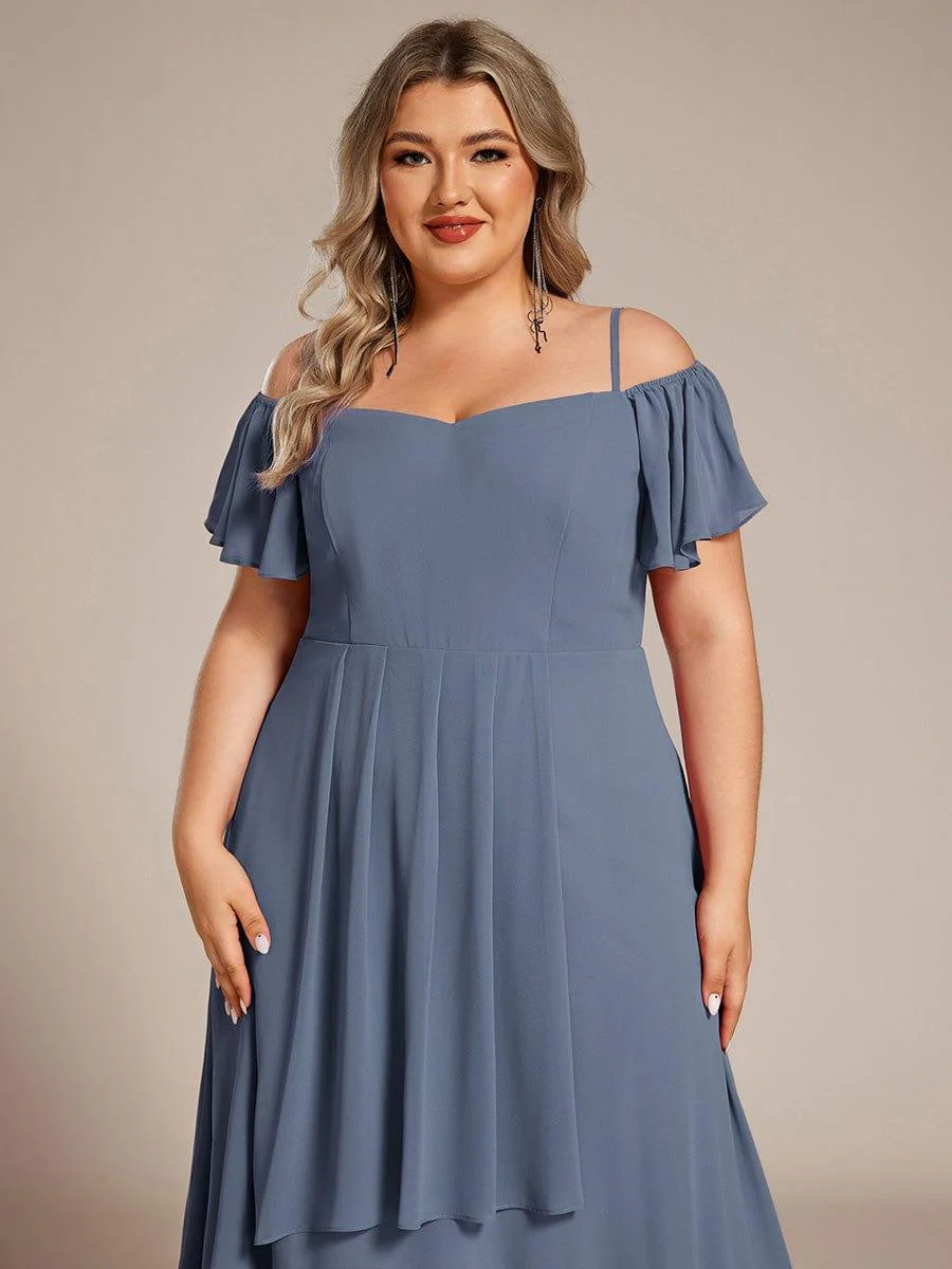 pretty JORDANE|Plus Size Off-Shoulder High-Low Chiffon Wedding Guest Dresses with Short Sleeves - Image 38