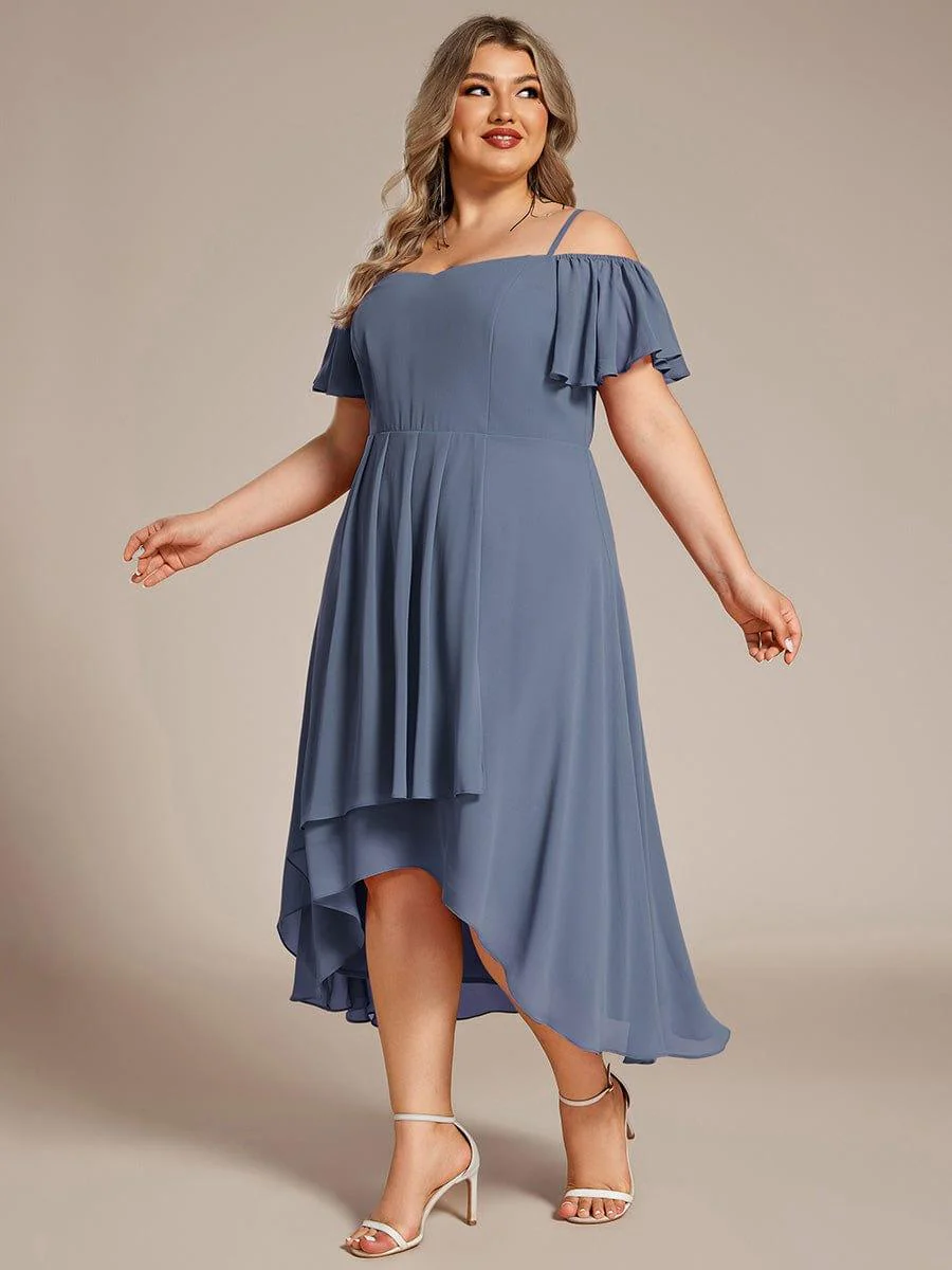 pretty JORDANE|Plus Size Off-Shoulder High-Low Chiffon Wedding Guest Dresses with Short Sleeves - Image 39