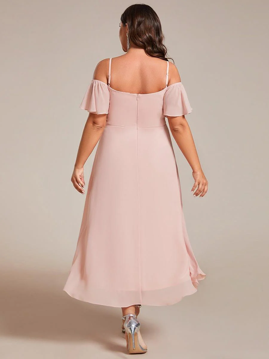 pretty JORDANE|Plus Size Off-Shoulder High-Low Chiffon Wedding Guest Dresses with Short Sleeves - Image 4