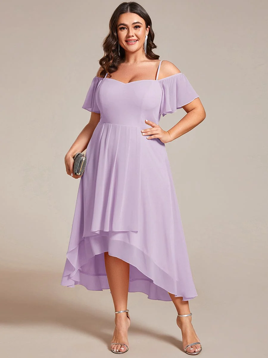 pretty JORDANE|Plus Size Off-Shoulder High-Low Chiffon Wedding Guest Dresses with Short Sleeves - Image 70