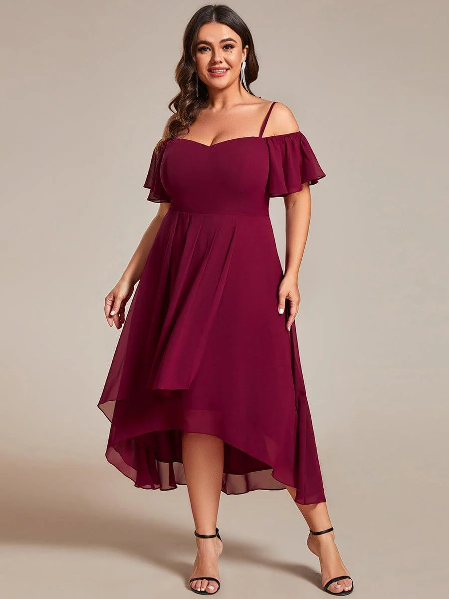 pretty JORDANE|Plus Size Off-Shoulder High-Low Chiffon Wedding Guest Dresses with Short Sleeves - Image 9