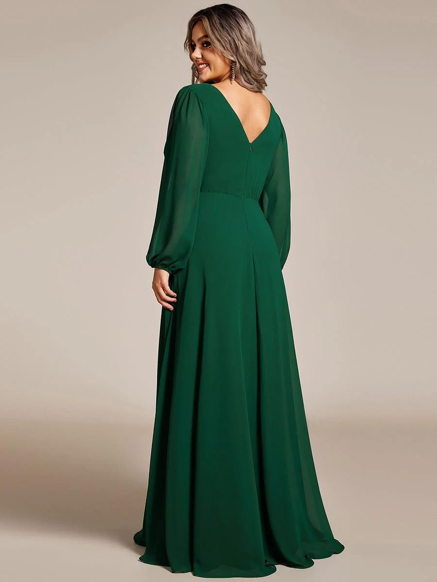 ever ESMÉE|Plus Size Pleated Double V-Neck Long Sleeves Shiny Belt Chiffon Evening Dress - Image 21