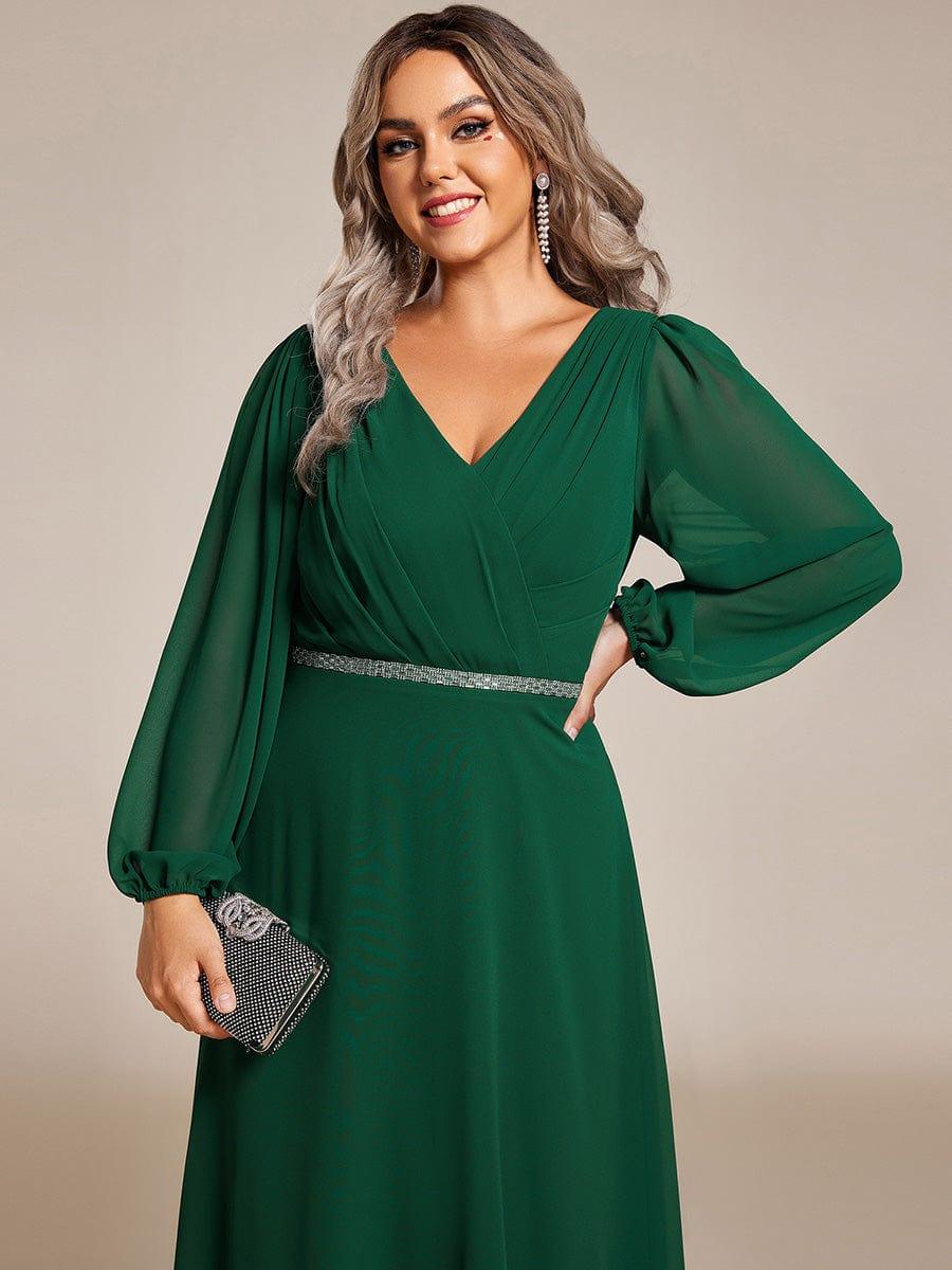 ever ESMÉE|Plus Size Pleated Double V-Neck Long Sleeves Shiny Belt Chiffon Evening Dress - Image 22