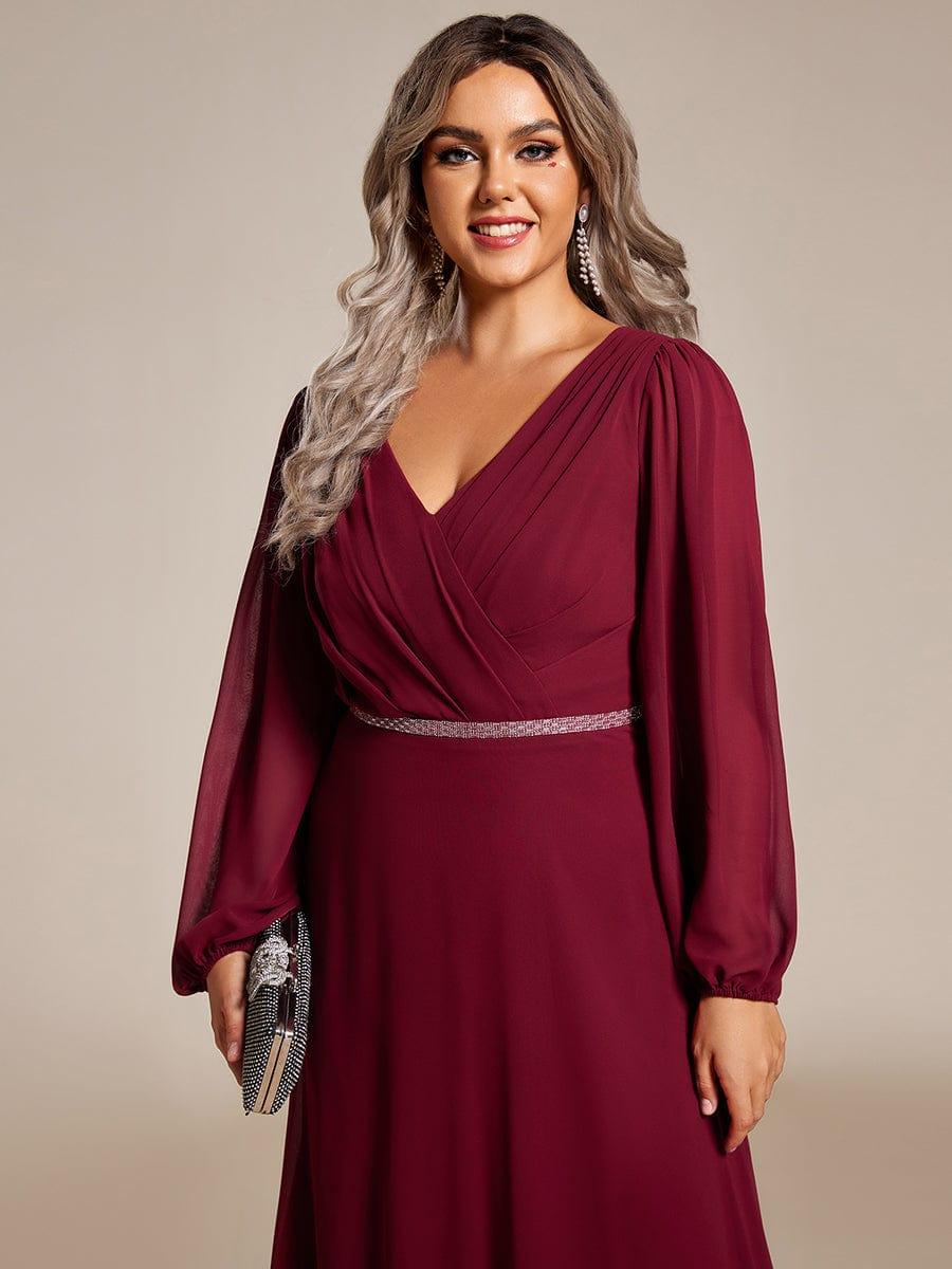 ever ESMÉE|Plus Size Pleated Double V-Neck Long Sleeves Shiny Belt Chiffon Evening Dress - Image 27