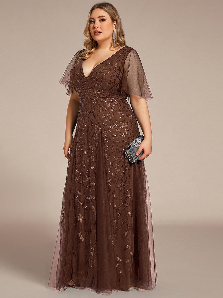 pretty ASTRAL|Plus Size Romantic Shimmery V Neck Ruffle Sleeves Evening Gown - Image 103