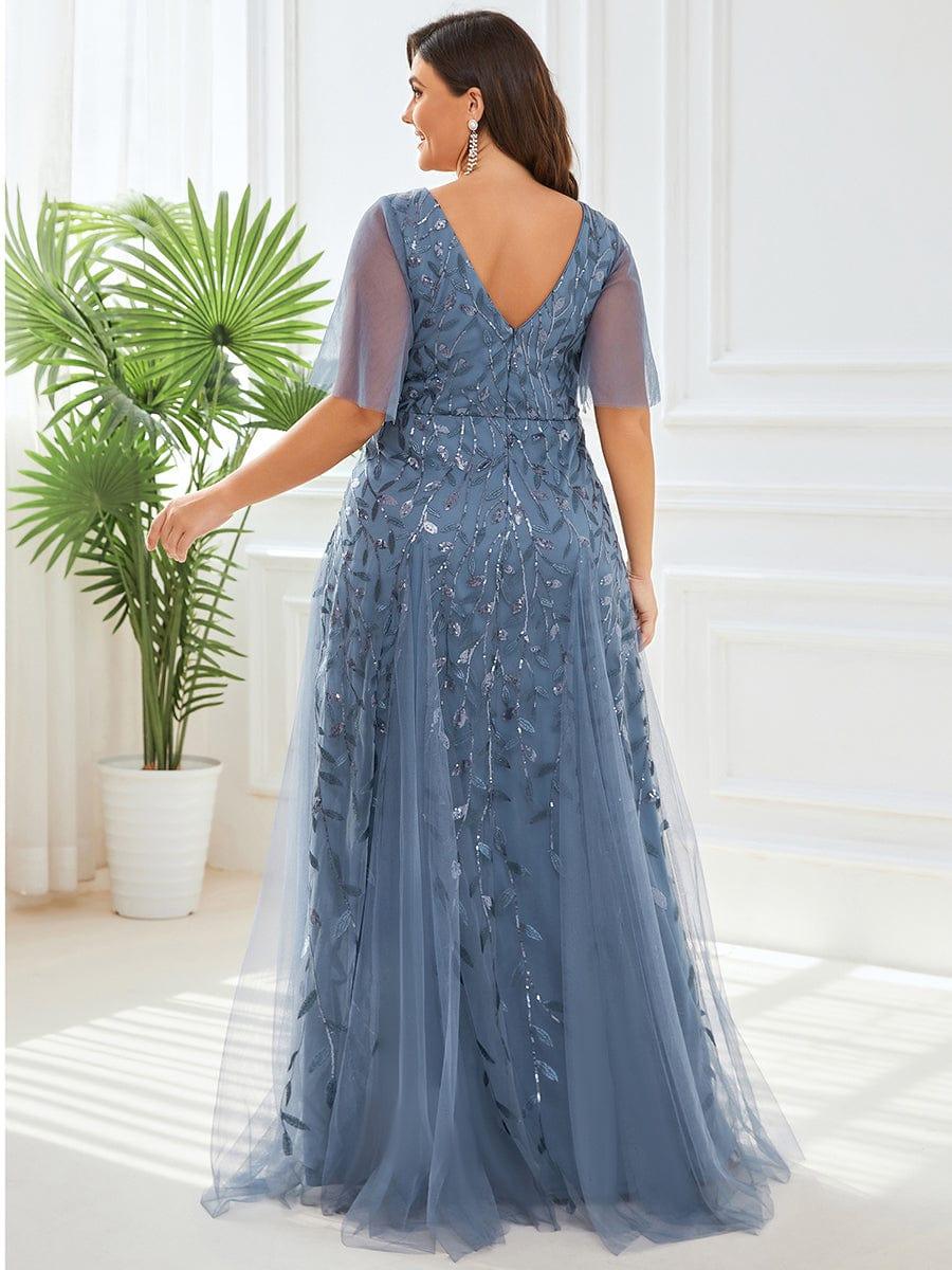 pretty ASTRAL|Plus Size Romantic Shimmery V Neck Ruffle Sleeves Evening Gown - Image 15
