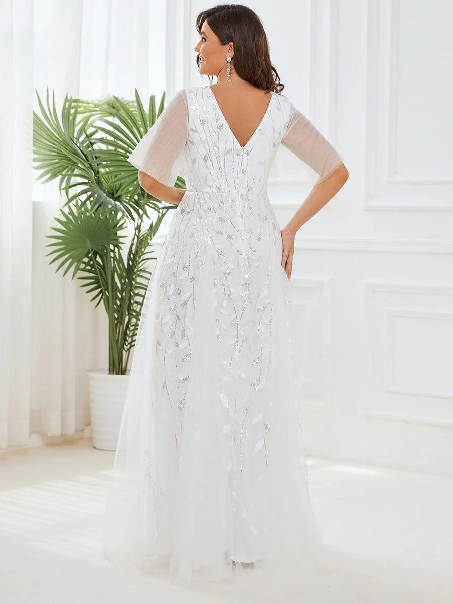 pretty ASTRAL|Plus Size Romantic Shimmery V Neck Ruffle Sleeves Evening Gown - Image 25