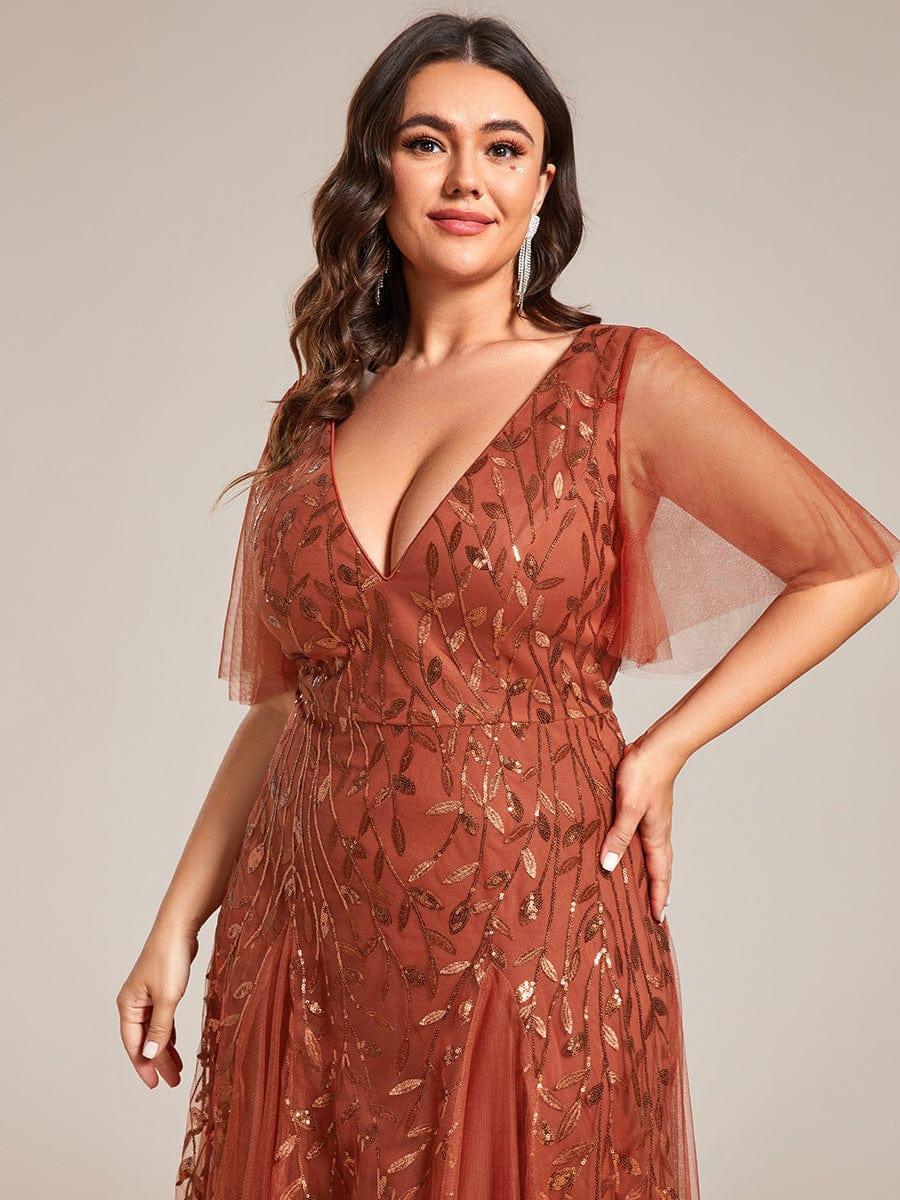pretty ASTRAL|Plus Size Romantic Shimmery V Neck Ruffle Sleeves Evening Gown - Image 63
