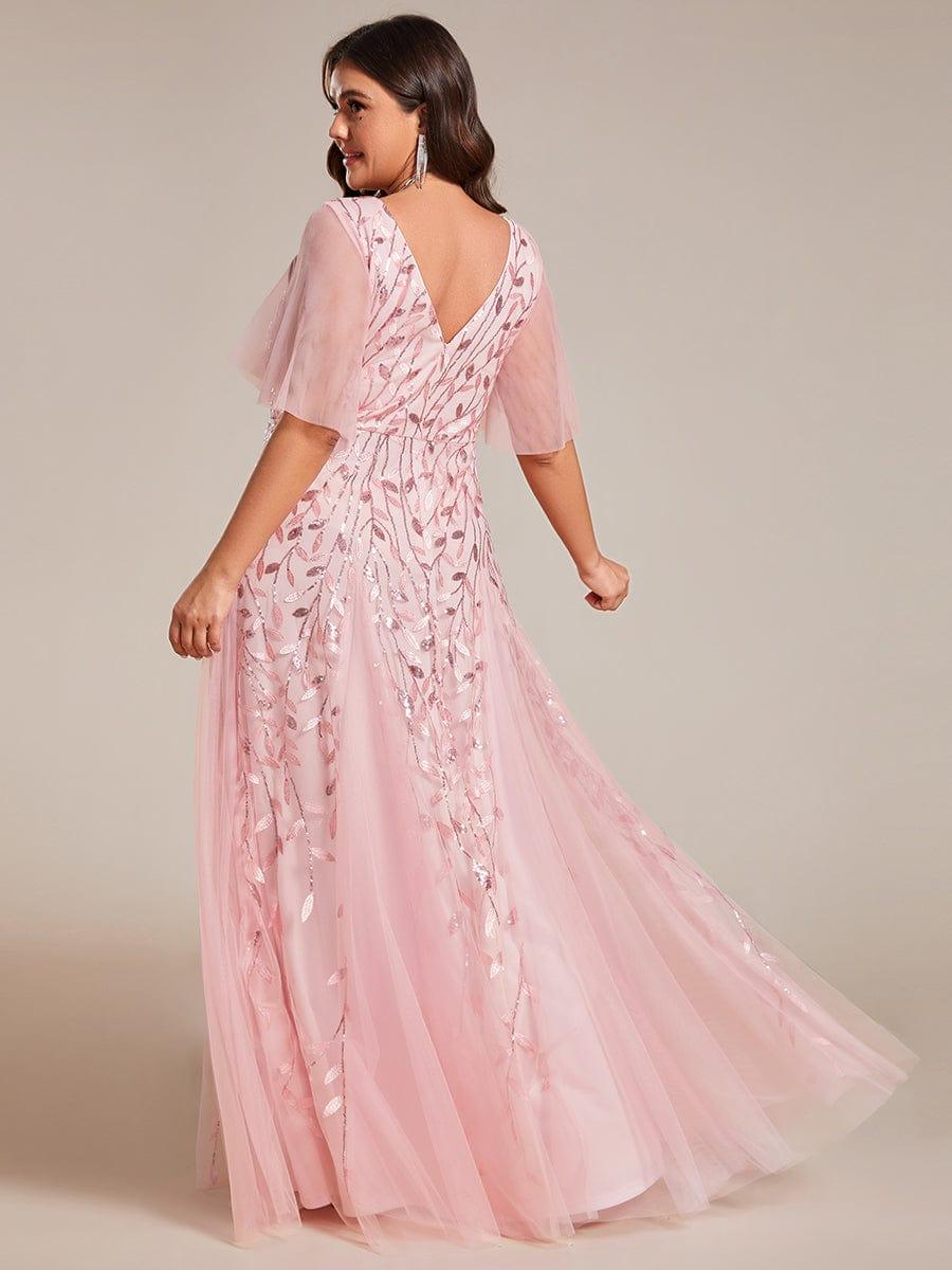pretty ASTRAL|Plus Size Romantic Shimmery V Neck Ruffle Sleeves Evening Gown - Image 67