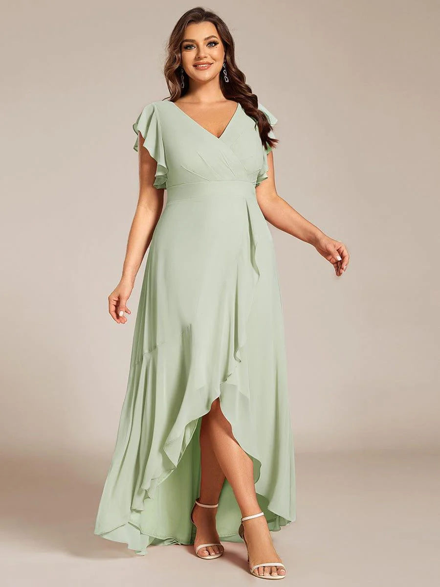 Plus Size Ruffled Chiffon High-Low Bridesmaid Dress with Backless Design - Image 9