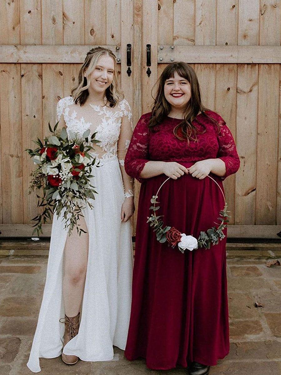 pretty FAUN|Plus Size See-Through Floor Length Lace Bridesmaid Dress With Half Sleeve - Image 15