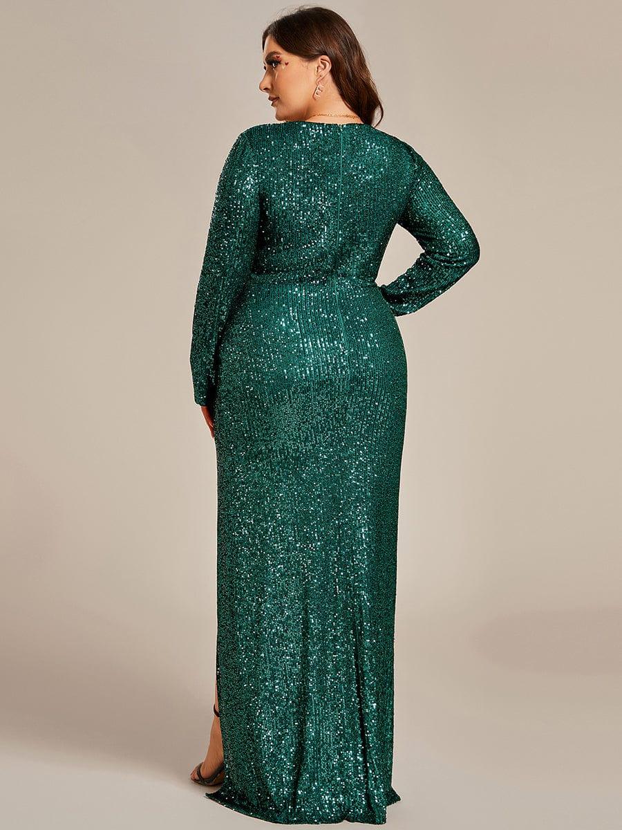 Plus Size Sequin Long Sleeves High Slit Evening Dress - Image 2
