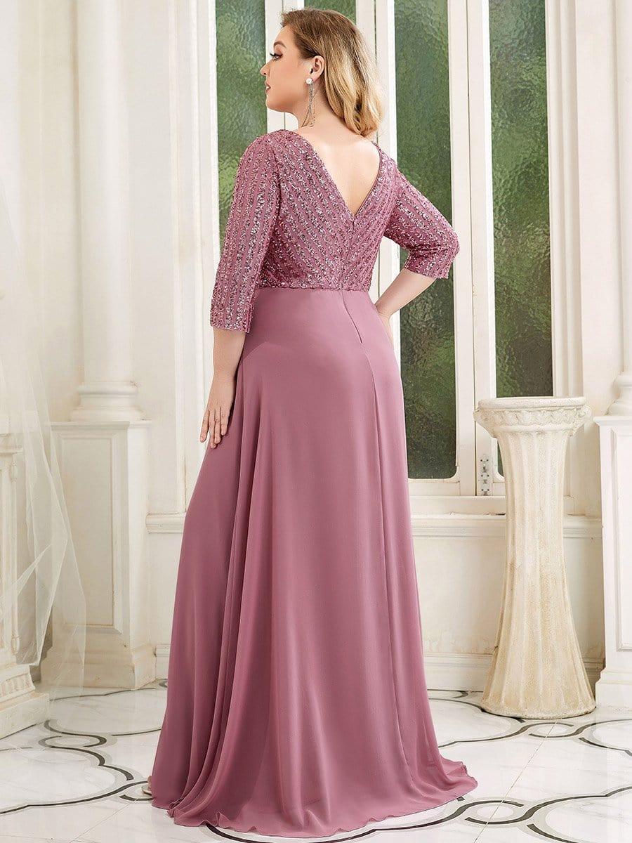 pretty LUENA|Plus Size Sexy V Neck A-Line Sequin Evening Dress with Sleeve - Image 17
