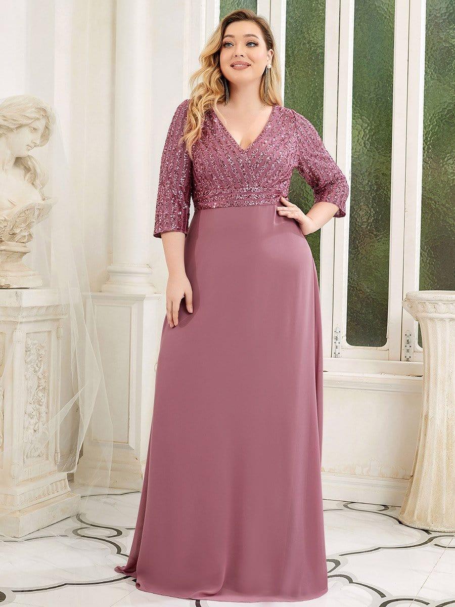 pretty LUENA|Plus Size Sexy V Neck A-Line Sequin Evening Dress with Sleeve - Image 19