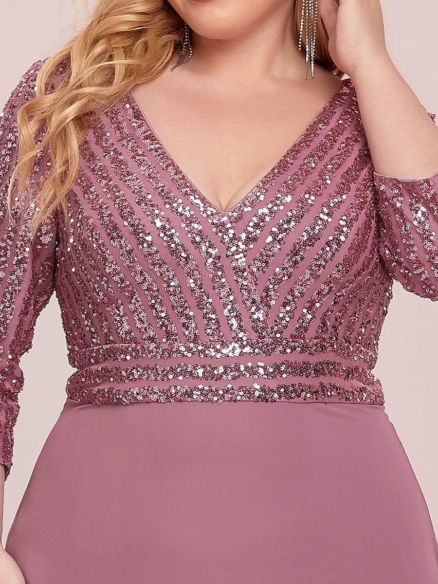 pretty LUENA|Plus Size Sexy V Neck A-Line Sequin Evening Dress with Sleeve - Image 20