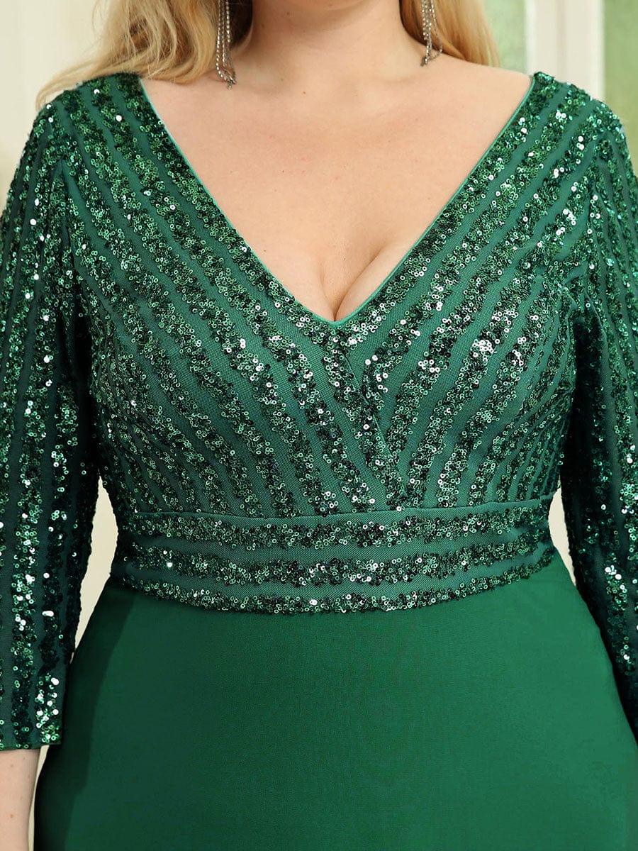 pretty LUENA|Plus Size Sexy V Neck A-Line Sequin Evening Dress with Sleeve - Image 25