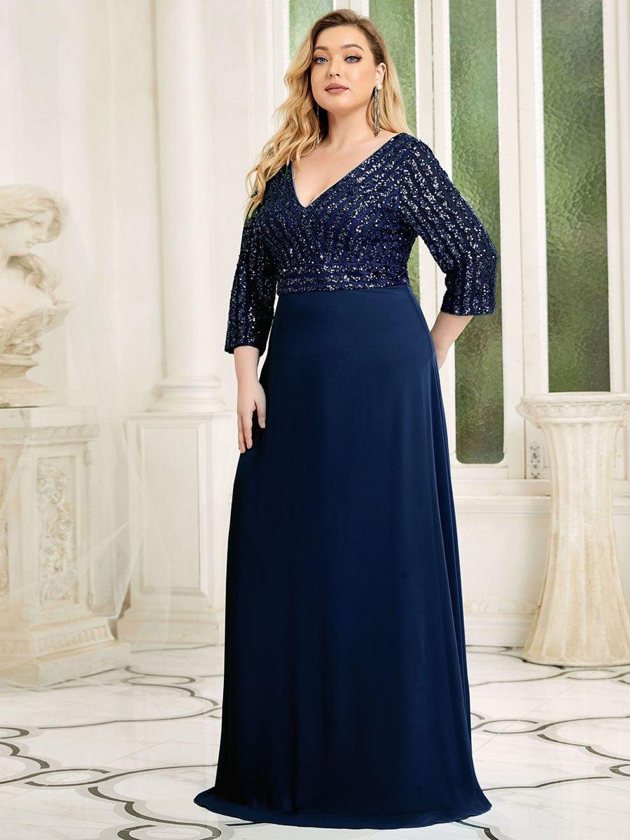 pretty LUENA|Plus Size Sexy V Neck A-Line Sequin Evening Dress with Sleeve - Image 28