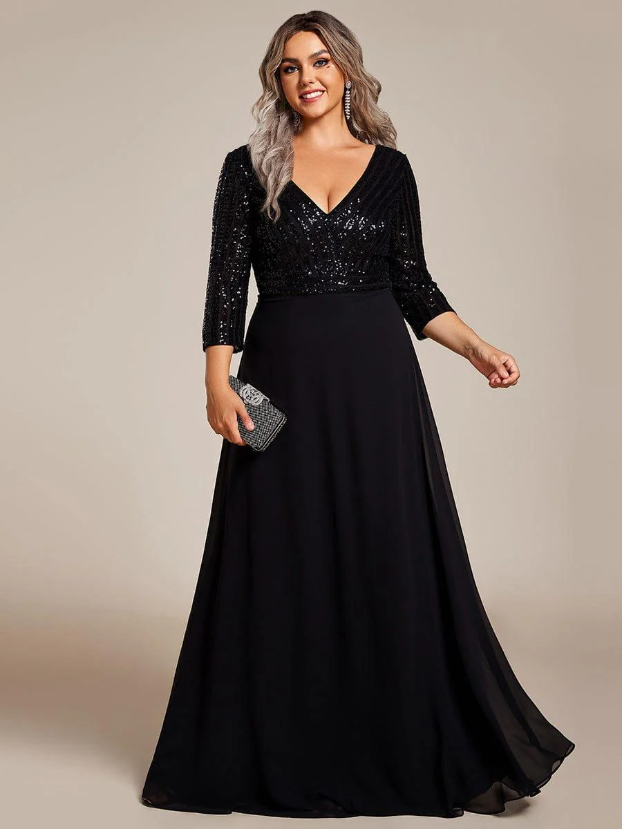 pretty LUENA|Plus Size Sexy V Neck A-Line Sequin Evening Dress with Sleeve - Image 35