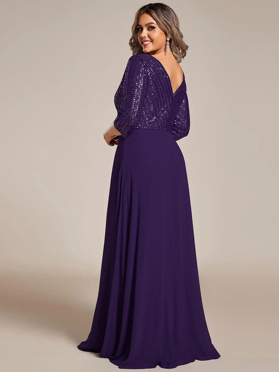 pretty LUENA|Plus Size Sexy V Neck A-Line Sequin Evening Dress with Sleeve - Image 42