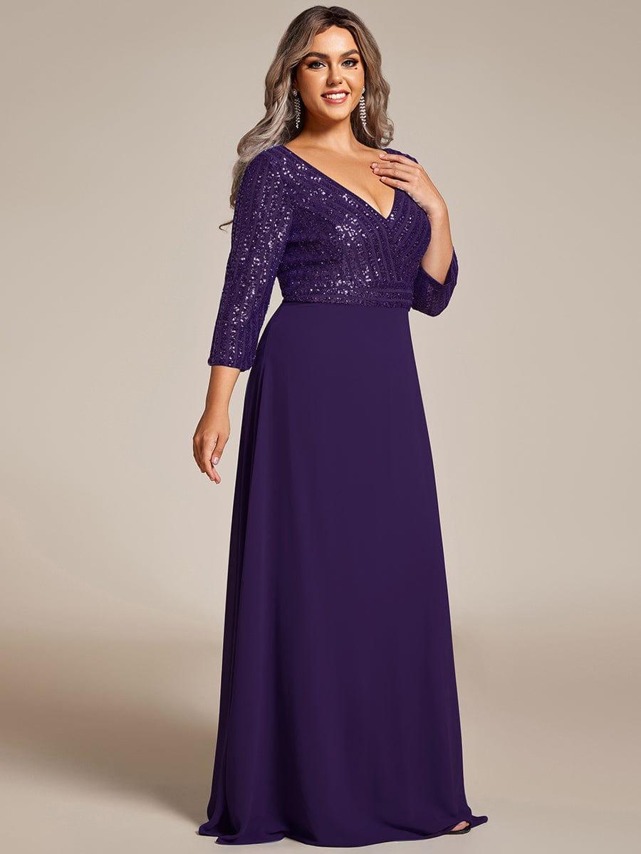pretty LUENA|Plus Size Sexy V Neck A-Line Sequin Evening Dress with Sleeve - Image 44