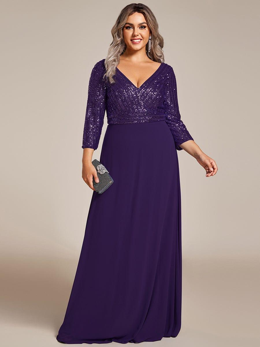 pretty LUENA|Plus Size Sexy V Neck A-Line Sequin Evening Dress with Sleeve - Image 45