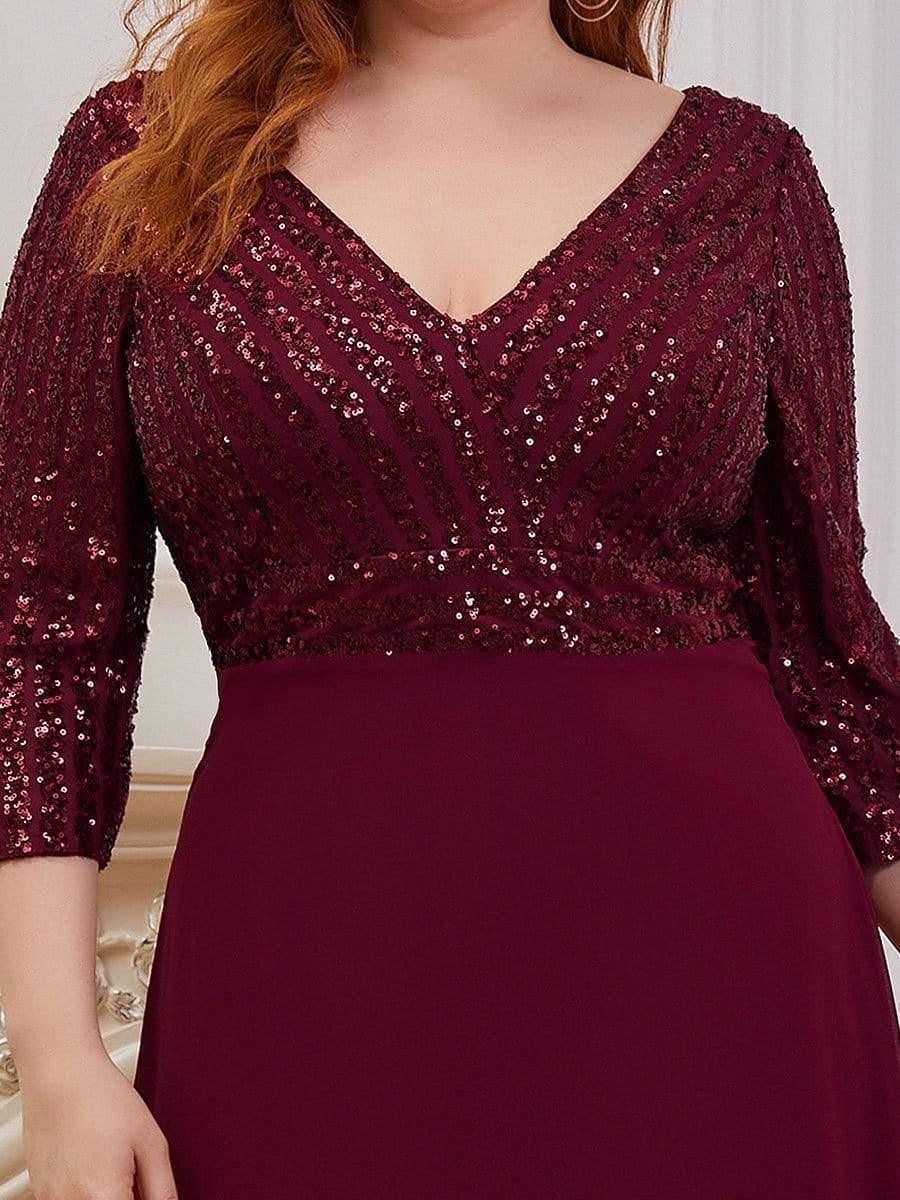 pretty LUENA|Plus Size Sexy V Neck A-Line Sequin Evening Dress with Sleeve - Image 5