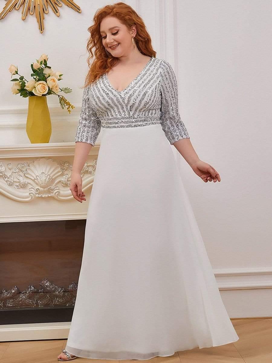 pretty LUENA|Plus Size Sexy V Neck A-Line Sequin Evening Dress with Sleeve - Image 6