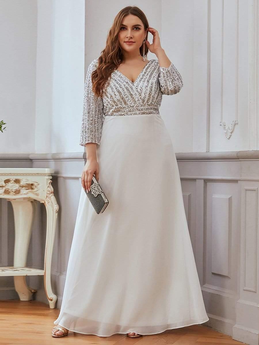 pretty LUENA|Plus Size Sexy V Neck A-Line Sequin Evening Dress with Sleeve - Image 8