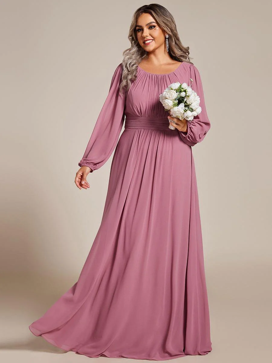 pretty CELESTE|Plus Size Sheer Long Sleeve Pleated Floor Length Bridesmaid Dress - Image 46