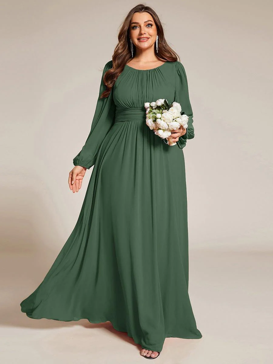pretty CELESTE|Plus Size Sheer Long Sleeve Pleated Floor Length Bridesmaid Dress - Image 48