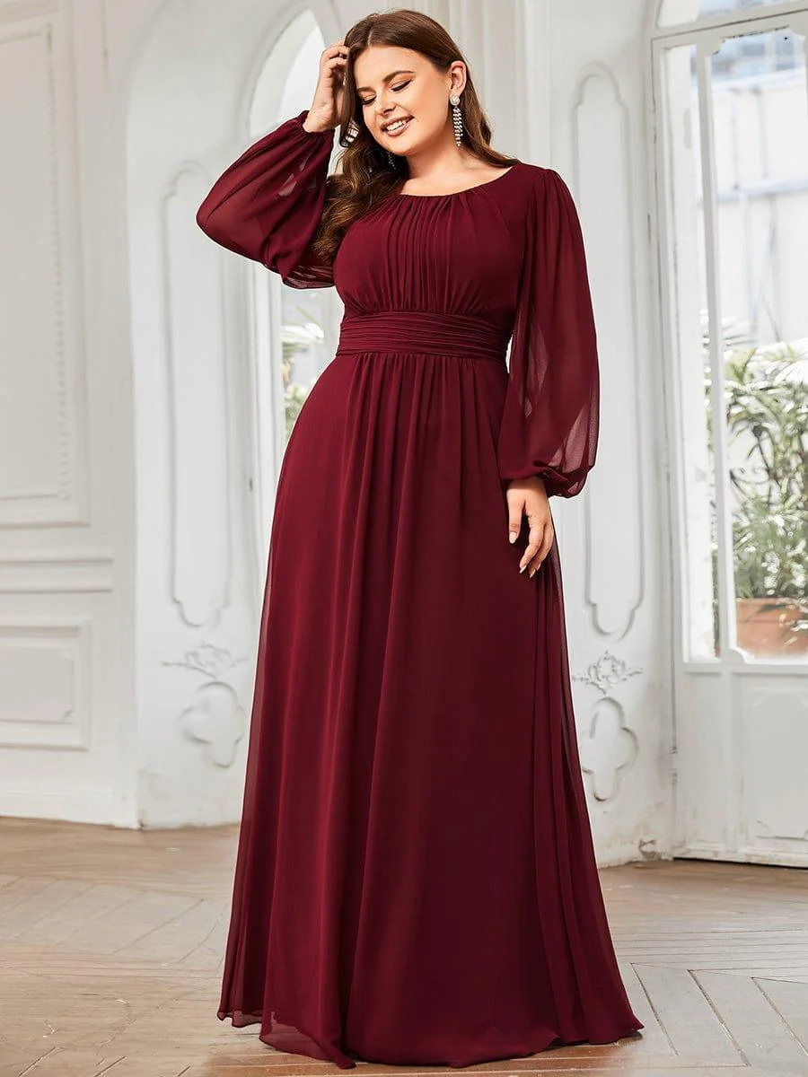 pretty CELESTE|Plus Size Sheer Long Sleeve Pleated Floor Length Bridesmaid Dress - Image 8