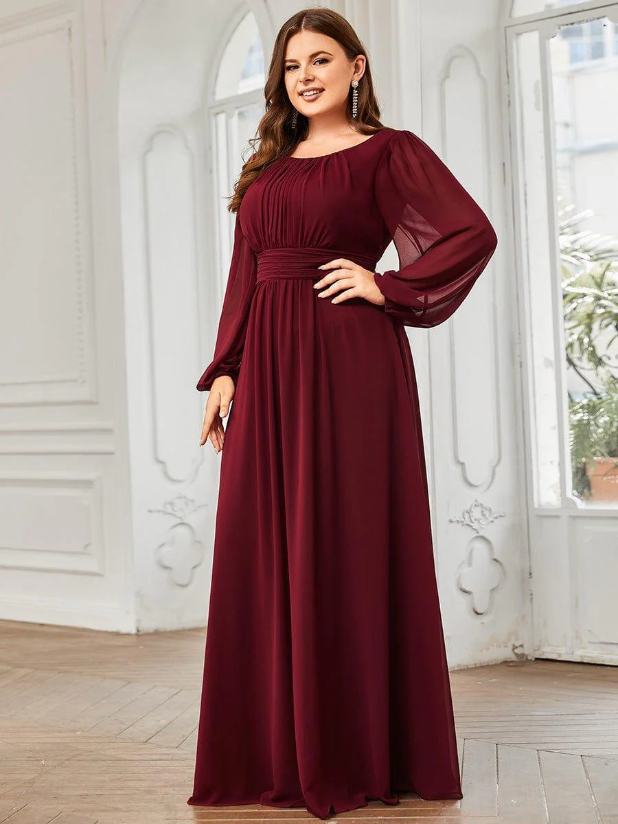 pretty CELESTE|Plus Size Sheer Long Sleeve Pleated Floor Length Bridesmaid Dress - Image 9