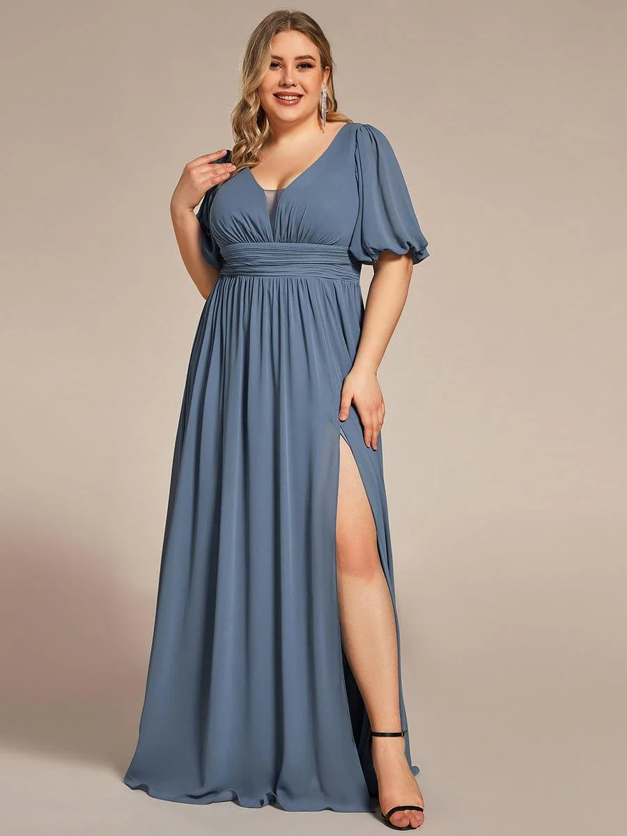 pretty MADISON|Plus Size Short Sleeve V-Neck Front Slit Chiffon Evening Dress - Image 11